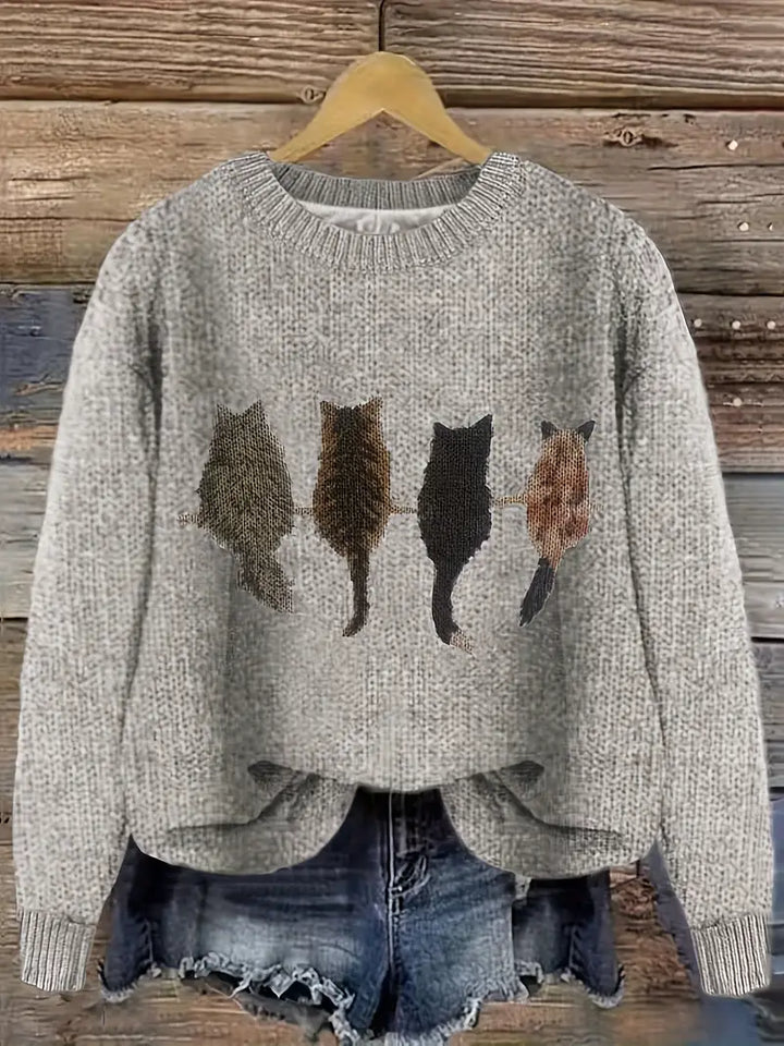 Urvela™ | Cat Print Long Sleeve Sweater