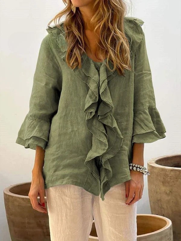 Ruffelia™ | Cotton Ruffle ¾ Sleeve Shirt