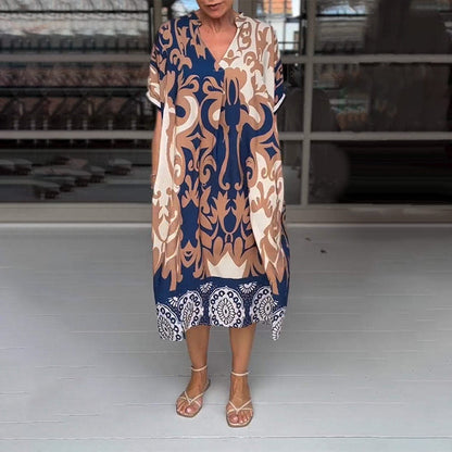 Serelina™ | V-Neck Loose Printed Midi Dress – Effortless Sophistication