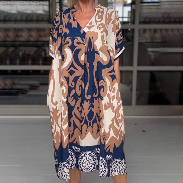 Serelina™ | V-Neck Loose Printed Midi Dress – Effortless Sophistication