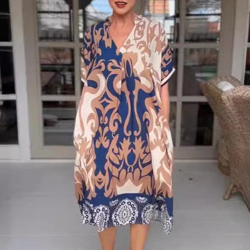 Serelina™ | V-Neck Loose Printed Midi Dress – Effortless Sophistication